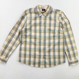 Untuckit‎ Sofia Womens Plaid Button Up Long Sleeve Plaid Shirt Size 10 Tan Gray